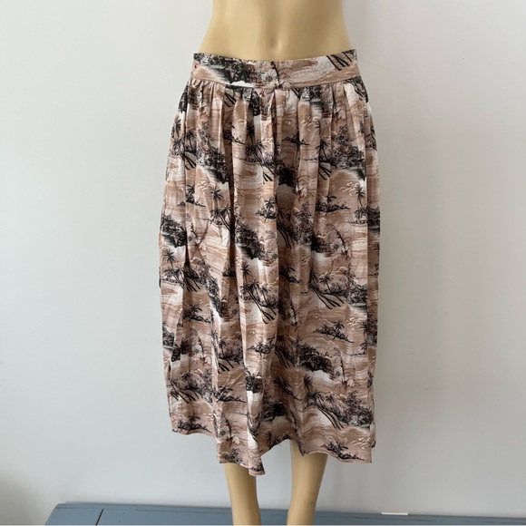 Cara Cara Marge Pleated A-line Midi Skirt Sz L Hawaiian Beige Button Front